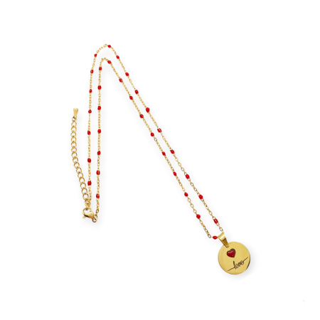 necklace steel gold chain red beads and round element love2